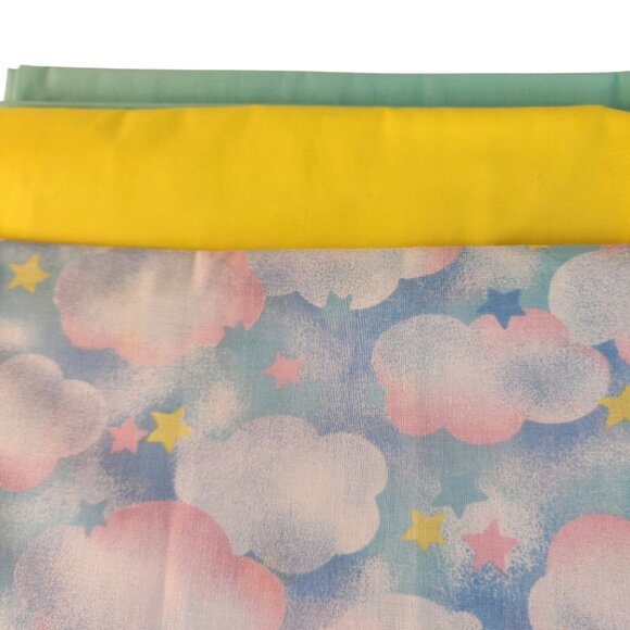 Pastel Cloud Patterned Fabric Bundle Cotton Yellow & Green Solid Matching Fabric - Picture 1 of 5